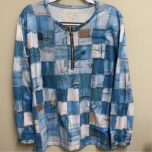 Denim Patchwork Look, Print Long Sleeve Top EUC